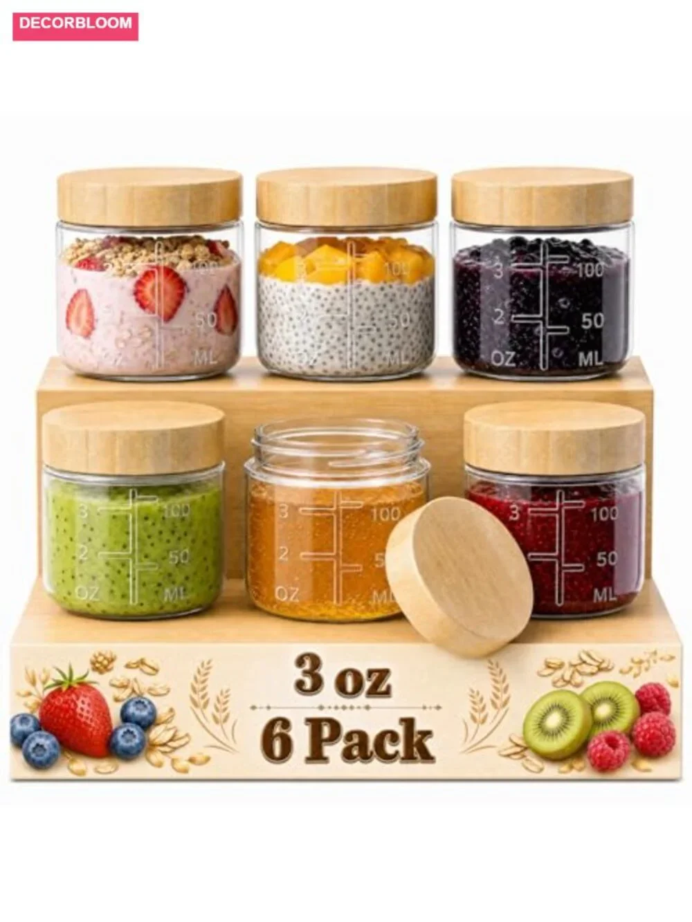 6 Pack 3oz Glass Salad Dressing Containers with Bamboo Lids, Airtight Leakproof